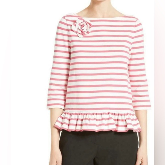 kate spade Tops - Like New, Kate Spade, Sz Medium, Pink & White Striped Top w/ Floral Rosette